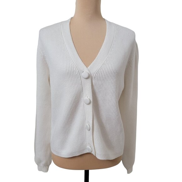 T Tahari Size L Off-White Pleated Blouson Sleeve Cardigan, Exc., Like New Cond. - Picture 3 of 13